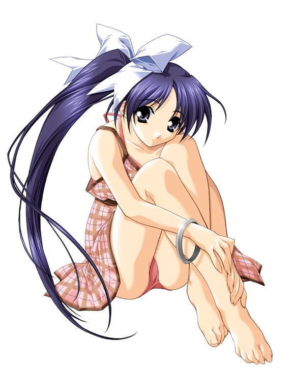 hashimoto takashi, itou noemi, with you, barefoot, blue eyes, blue hair, feet, grey eyes, hugging own legs, long hair, purple hair, side ponytail, swimsuit