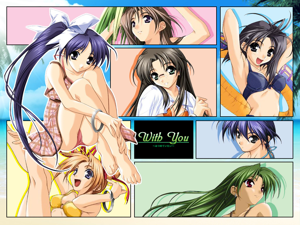 hashimoto takashi, amamiya michiru, cyamna fon, hikawa naori, itou noemi, naruse manami, shigaraki miako, tanaka saeko, with you, 00s, 6+girls, :d, antenna hair, armpits, arms behind head, barefoot, bikini, bikini under clothes, black hair, blue eyes, blue hair, blush, bracelet, breasts, cleavage, close-up, crossed legs, day, dress, earrings, everyone, fang, feet, glasses, green eyes, green hair, grey hair, hair ribbon, high side ponytail, hugging own legs, innertube, jewelry, legs, legs up, long hair, multiple girls, one-piece swimsuit, open mouth, orange hair, plaid clothes, plaid dress, ponytail, red eyes, ribbon, short hair, side ponytail, sitting, small breasts, smile, swim ring, swimsuit, swimsuit under clothes