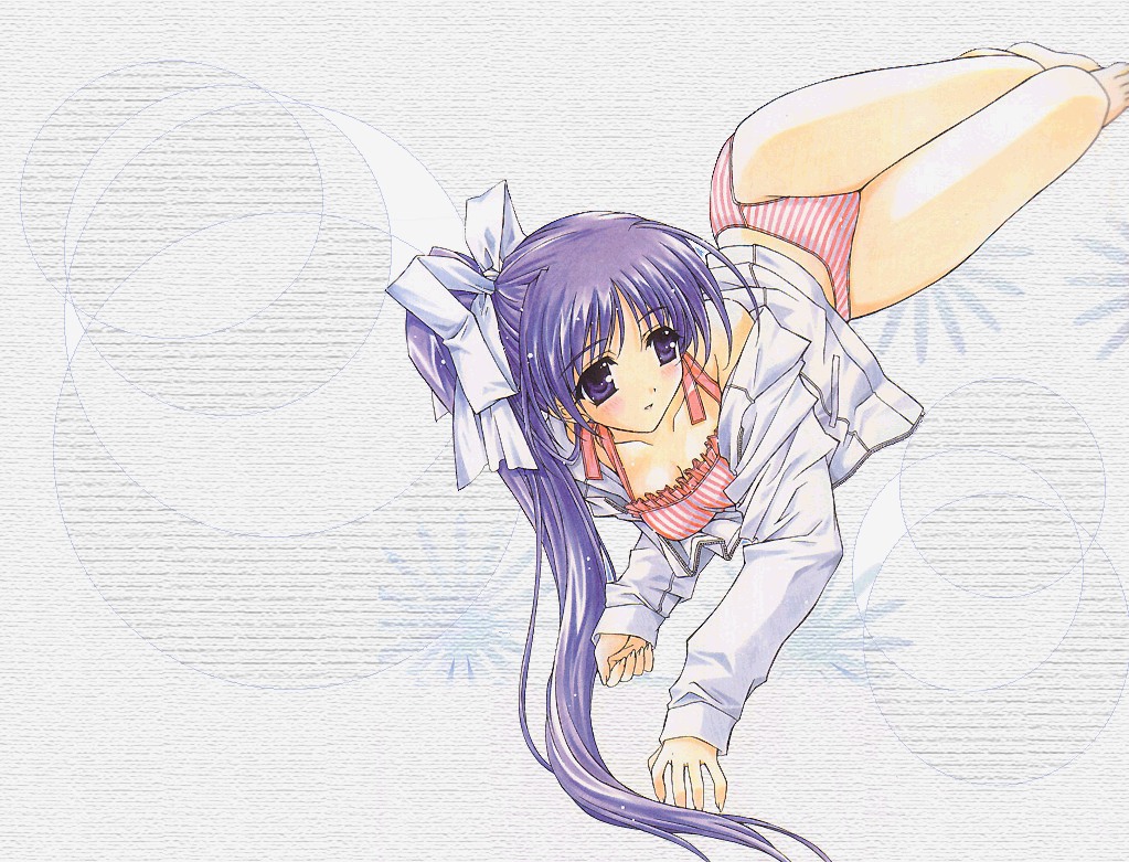 hasumi elan, itou noemi, with you, 00s, 1girl, blue eyes, blue hair, blush, female focus, high side ponytail, lingerie, long hair, lying, matching hair/eyes, on side, purple eyes, purple hair, side ponytail, solo, underwear