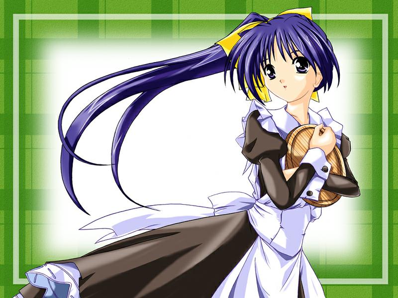itou noemi, with you, 00s, 1girl, blue eyes, blue hair, female focus, holding, holding tray, long hair, maid, matching hair/eyes, side ponytail, sleeve cuffs, solo, tray, waitress