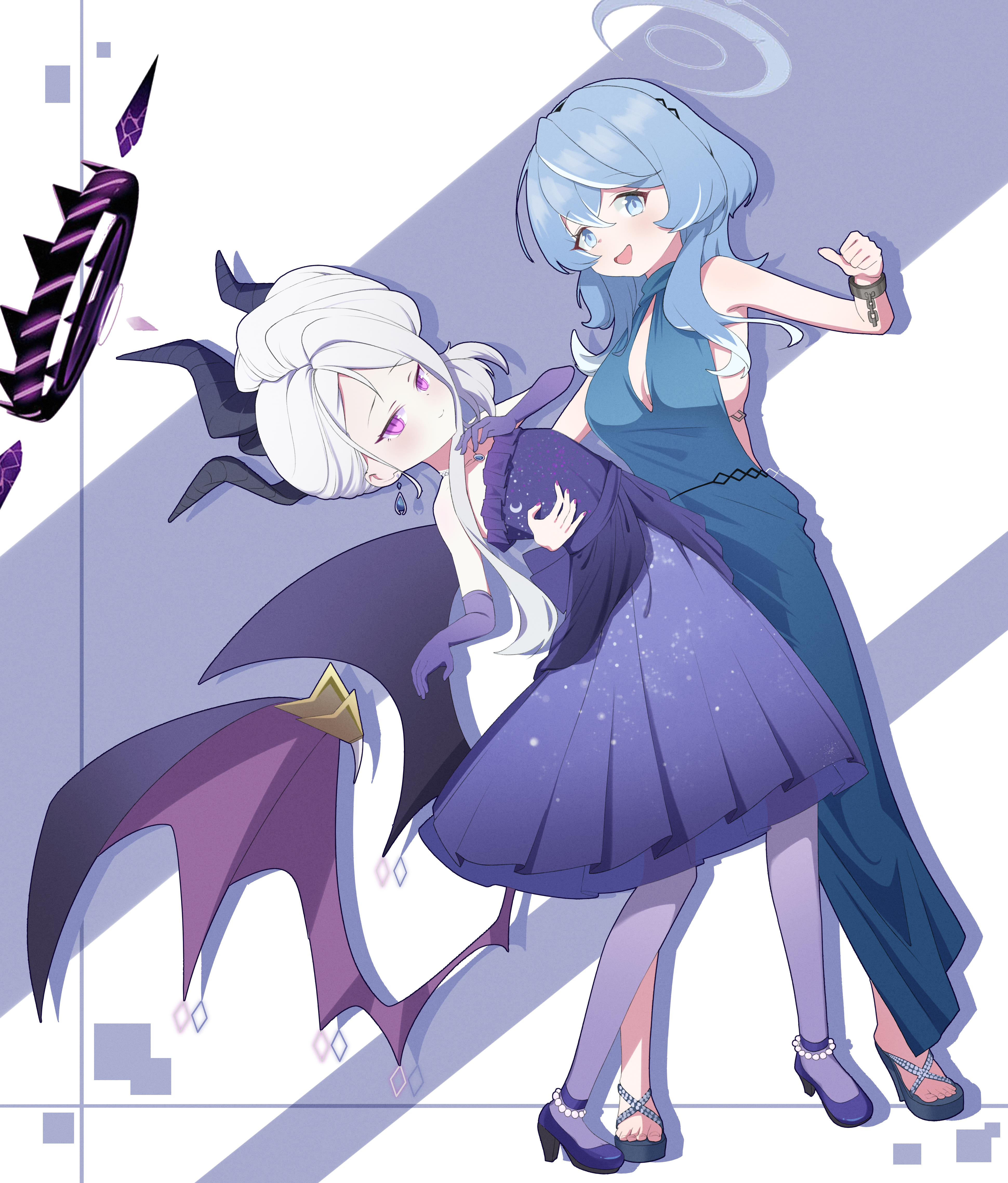 ako (blue archive), ako (dress) (blue archive), hina (blue archive), hina (dress) (blue archive), blue archive, absurdres, highres, 2girls, black halo, blue dress, blue eyes, blue hair, breasts, demon girl, demon horns, demon wings, dress, elbow gloves, full body, gloves, halo, horns, long hair, medium hair, multiple girls, purple dress, purple eyes, purple gloves, small breasts, standing, uuu978, white hair, wings