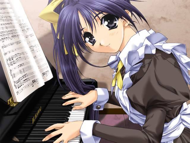 hashimoto takashi, itou noemi, with you, game cg, 00s, 1girl, female focus, high side ponytail, instrument, long sleeves, looking at viewer, maid, music, musical note, piano, playing instrument, purple eyes, purple hair, sheet music, sleeve cuffs, solo, waitress
