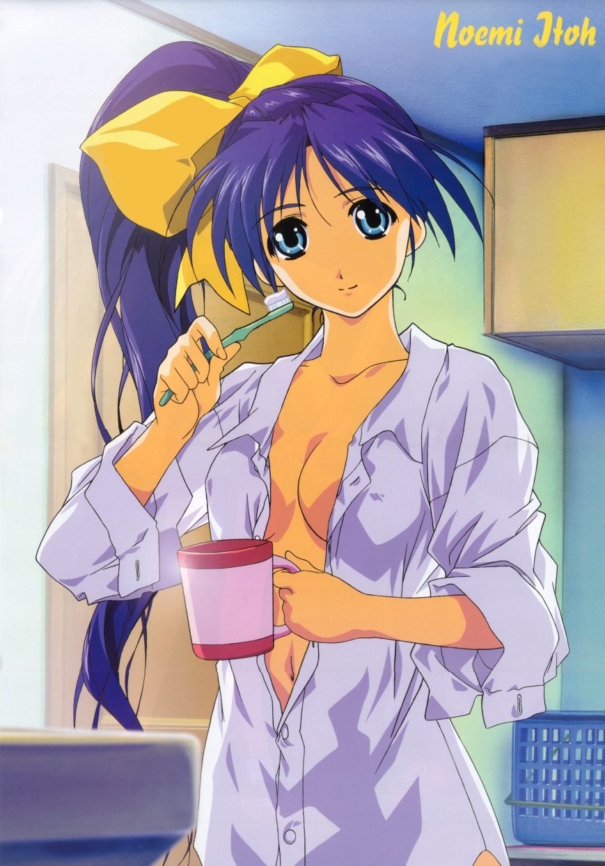 itou noemi, with you, highres, 00s, 1girl, blue eyes, blue hair, bow, breasts, cleavage, cup, female focus, high side ponytail, long hair, matching hair/eyes, nightshirt, open clothes, open shirt, shirt, side ponytail, solo, toothbrush, yellow bow