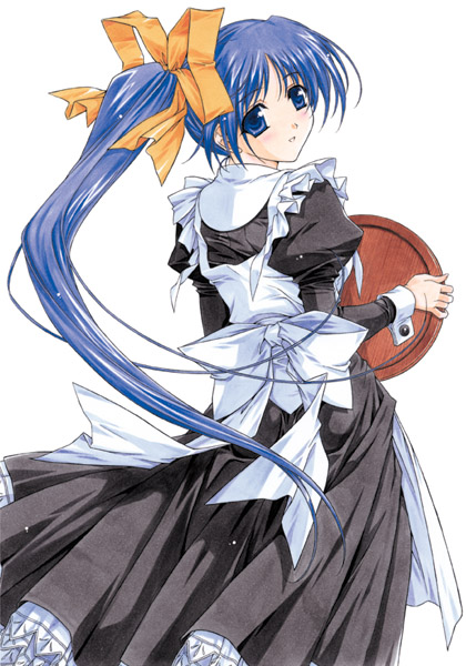 hasumi elan, itou noemi, with you, 00s, 1girl, back, blue eyes, blue hair, bow, female focus, high side ponytail, holding, holding tray, long hair, maid, matching hair/eyes, ribbon, side ponytail, sleeve cuffs, solo, tray, very long hair, waitress, yellow bow