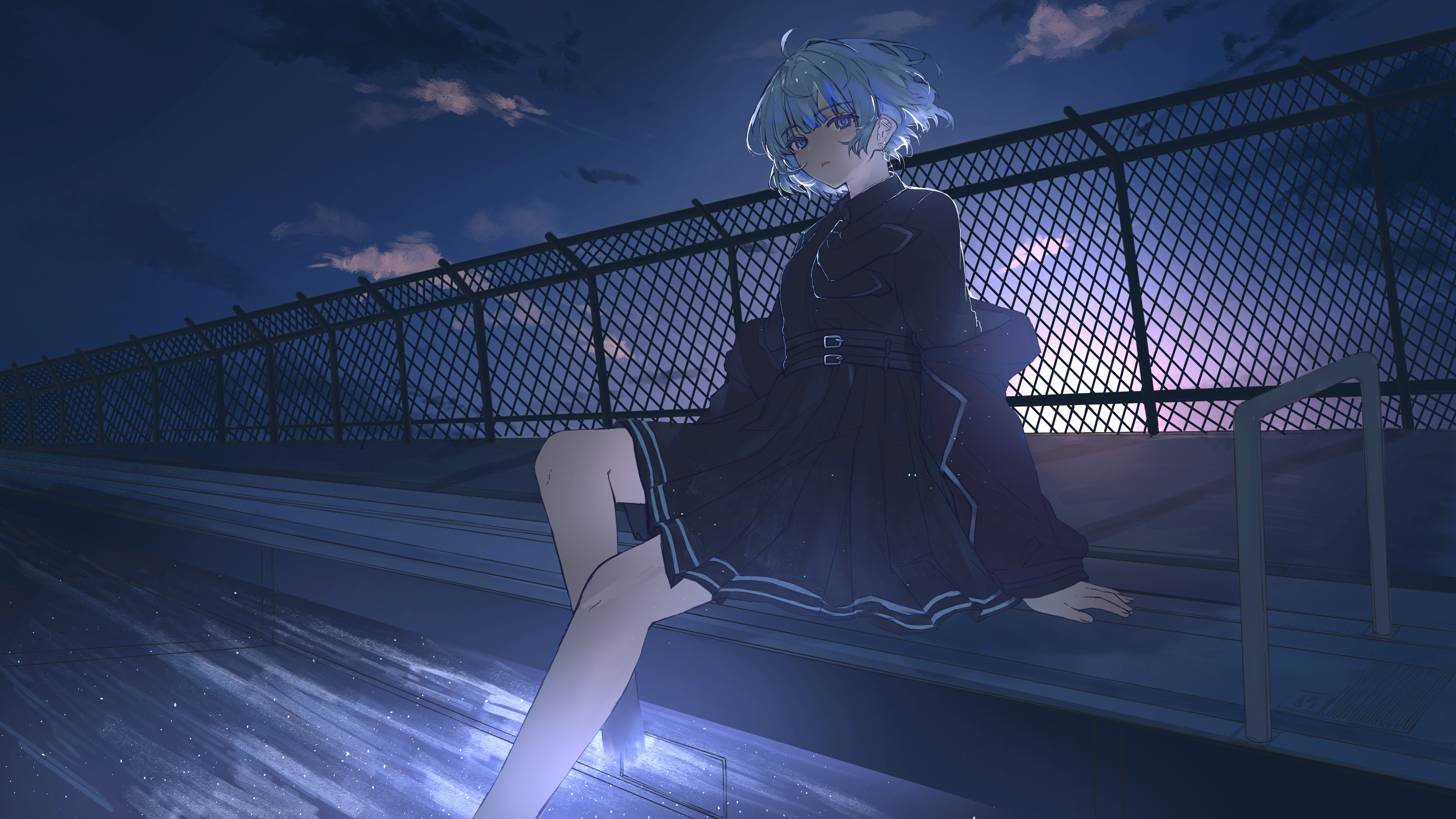 heremia, absurdres, commentary request, copyright request, highres, 1girl, black jacket, black necktie, black shirt, black skirt, blue eyes, blue hair, chain-link fence, closed mouth, cloud, collared shirt, feet out of frame, fence, jacket, long sleeves, looking at viewer, necktie, off shoulder, open clothes, open jacket, open mouth, outdoors, pleated skirt, pool, poolside, puffy long sleeves, puffy sleeves, shirt, skirt, sleeves past wrists, solo, sunrise, water