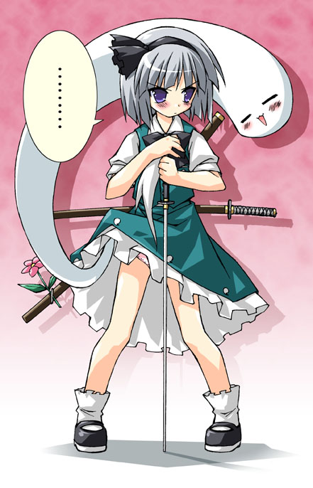 petenshi (dr. vermilion), konpaku youmu, konpaku youmu (ghost), touhou, 1girl, = =, blush, female focus, flower, ghost, hitodama, katana, panties, pantyshot, planted, planted sword, planted weapon, solo, speech bubble, standing, sword, underwear, weapon, white panties