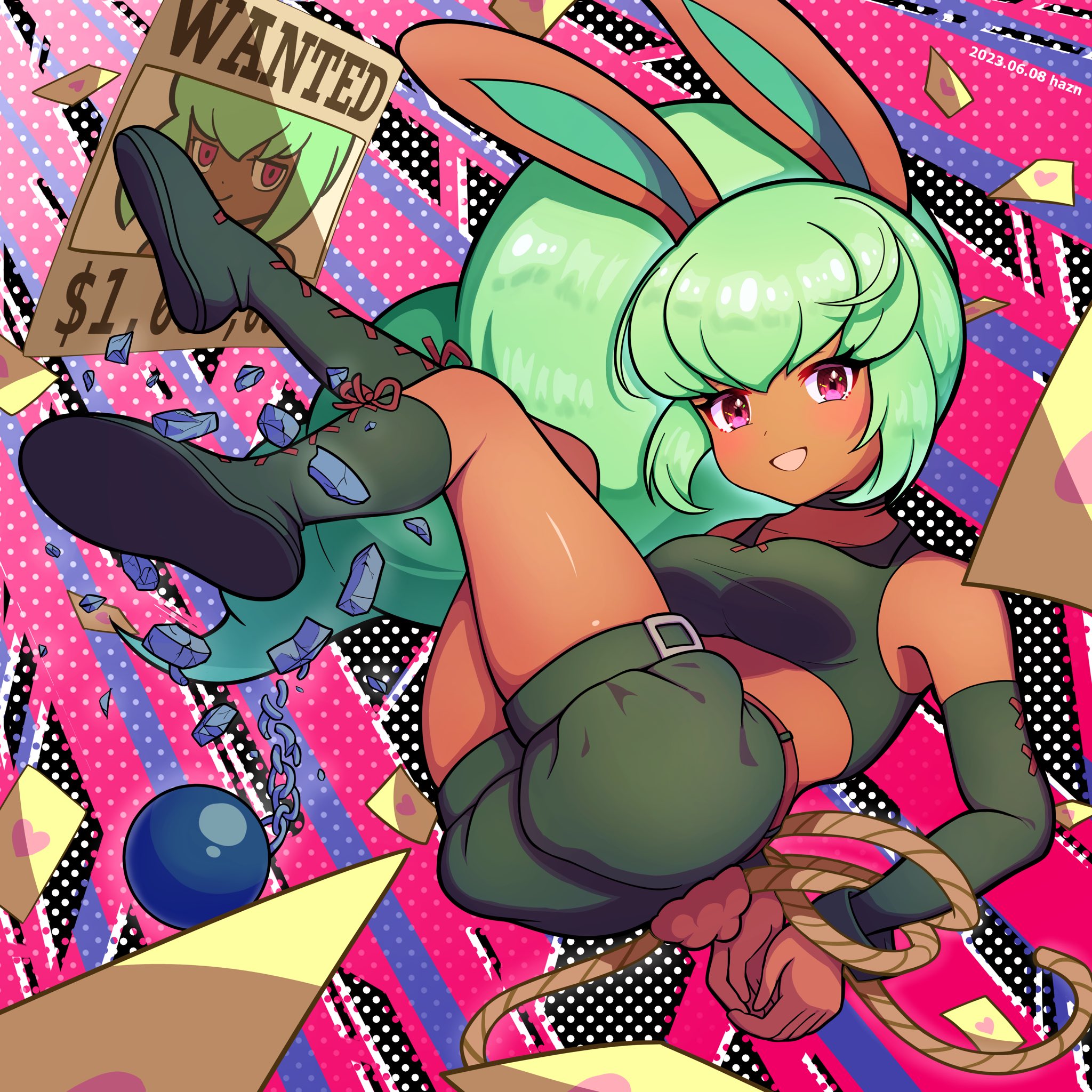 haz hazn, bunny mint, youkai watch, highres, 1girl, animal ears, black boots, black shirt, black shorts, black sleeves, boots, crop top, dark-skinned female, dark skin, detached sleeves, green hair, long hair, looking at viewer, rabbit ears, rabbit girl, rabbit tail, rope, shirt, short shorts, shorts, sleeveless, sleeveless shirt, solo, tail, wanted poster, youkai (youkai watch)