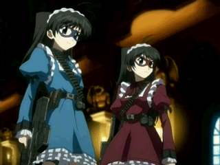 sakurazuki kira, sakurazuki yura, futakoi, animated, animated gif, anime screenshot, lowres, 00s, 2girls, domino mask, goth fashion, gun, mask, multiple girls, qvga, siblings, sisters, thighhighs, twins, weapon, zettai ryouiki