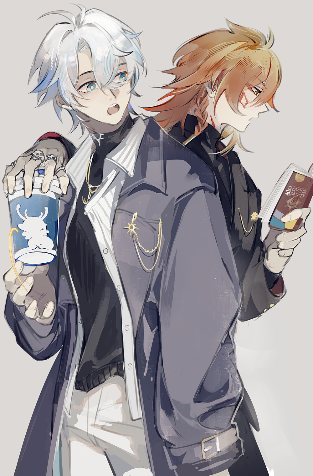 mississipping, mydei (honkai: star rail), phainon (honkai: star rail), honkai: star rail, honkai (series), chinese commentary, commentary request, highres, 2boys, alternate costume, antenna hair, black coat, black sweater, blonde hair, blue coat, blue eyes, braid, coat, cup, disposable coffee cup, disposable cup, gradient hair, grey background, hair between eyes, holding, holding cup, male focus, medium hair, multicolored hair, multiple boys, official alternate costume, open clothes, open coat, open mouth, pants, parted bangs, phainon (luckin coffee) (honkai: star rail), red hair, short hair, side braid, simple background, sweater, turtleneck, turtleneck sweater, white hair, white pants, yellow eyes