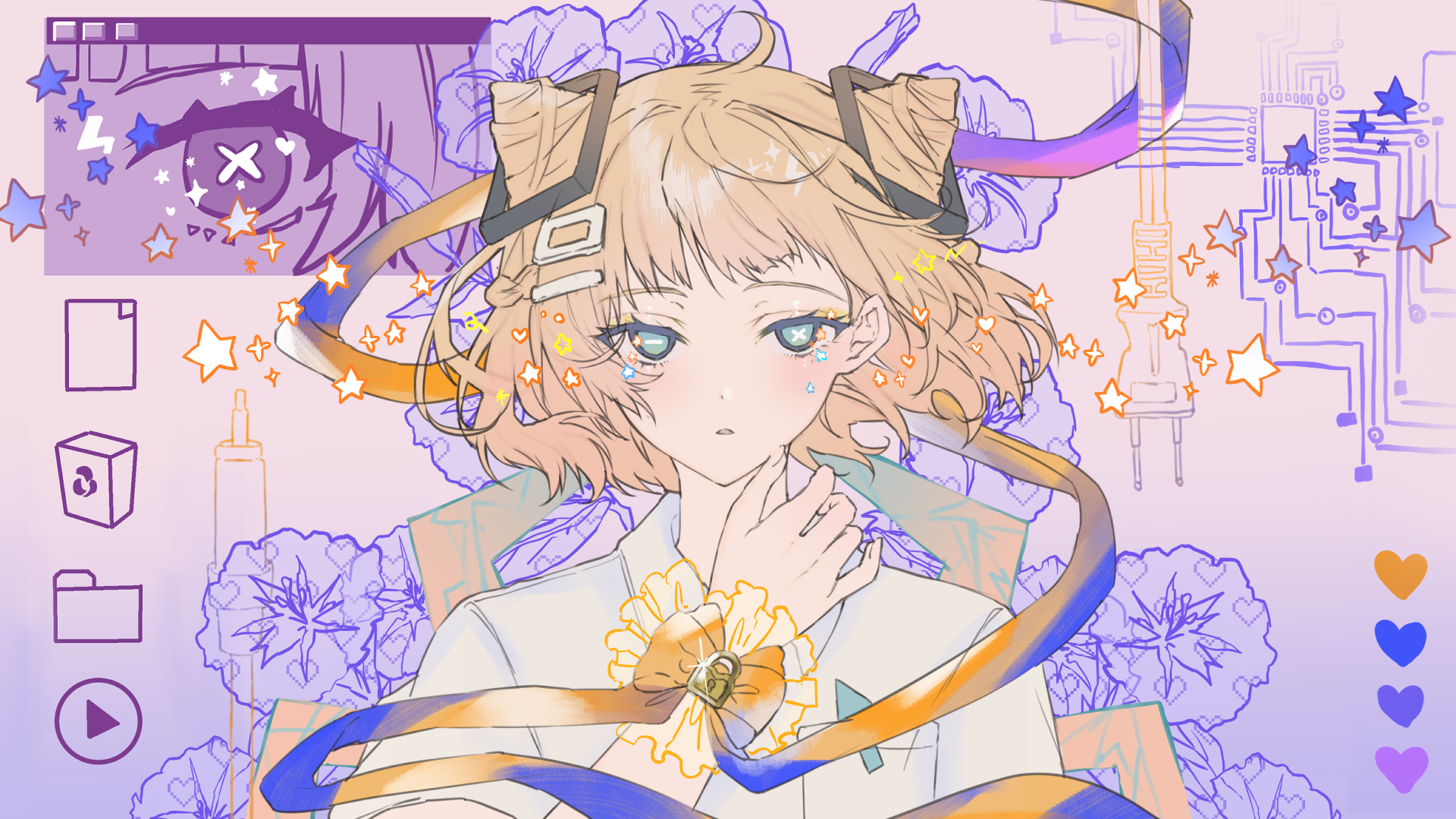 heremia, commentary request, copyright request, highres, 1girl, blue background, blue eyes, brown background, brown hair, collared shirt, cone hair bun, gradient background, hair bun, hand up, looking at viewer, mismatched pupils, parted lips, play button, puffy short sleeves, puffy sleeves, recycle bin, shirt, short sleeves, star (symbol), symbol-shaped pupils, white shirt, x-shaped pupils