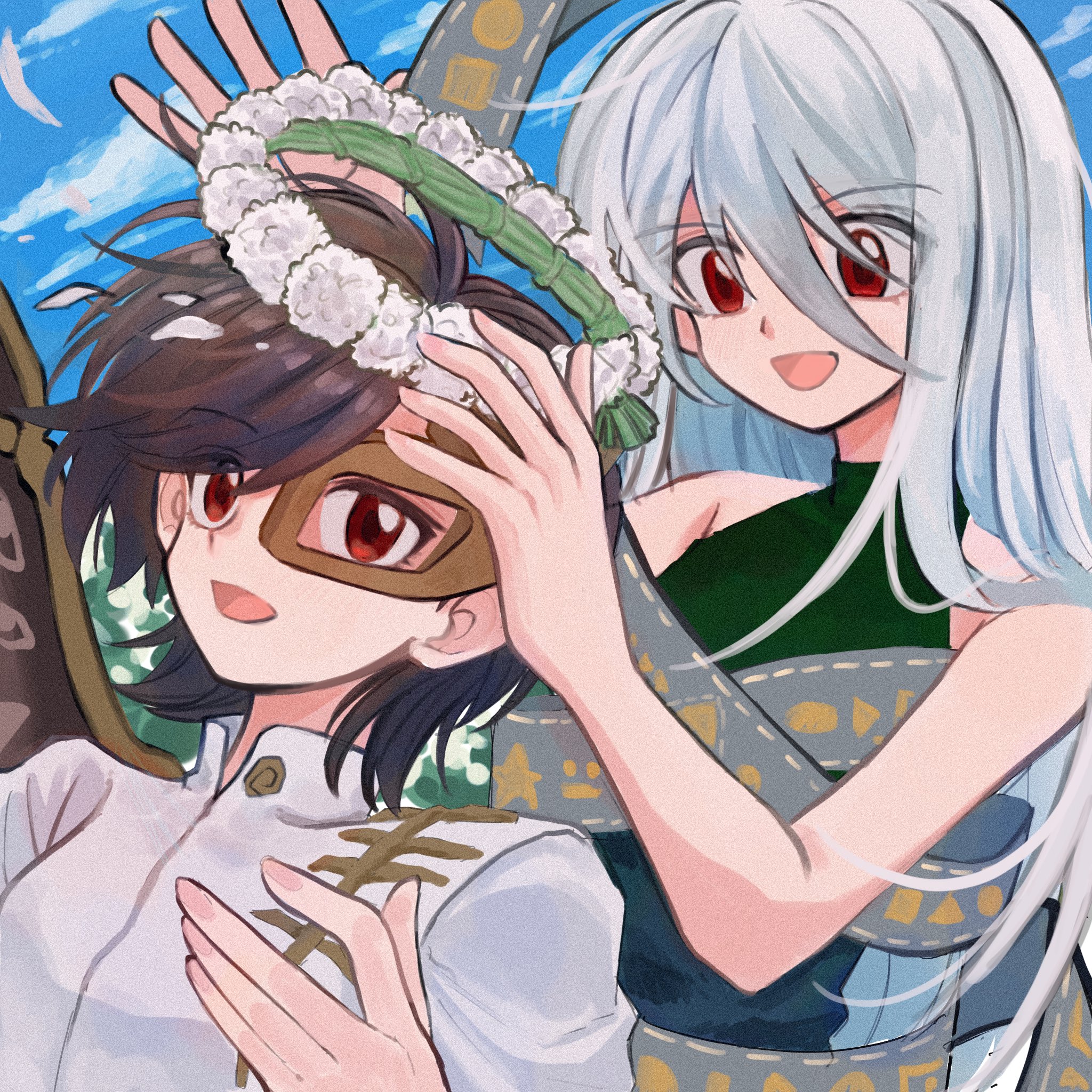 staygold, iwanaga ariya, yuiman asama, fossilized wonders, touhou, highres, 2girls, bare shoulders, blue sky, brown hair, cloud, cloudy sky, day, dress, eyepatch, flower, grass, green dress, grey hair, hair between eyes, hand up, hands up, head wreath, holding, holding head wreath, long hair, looking at another, mandarin collar, multiple girls, nail polish, open mouth, outdoors, petals, pink nails, red eyes, ribbon around body, shirt, short hair, single wing, skeletal wings, sky, sleeveless, sleeveless dress, smile, upper body, white flower, white shirt, wings