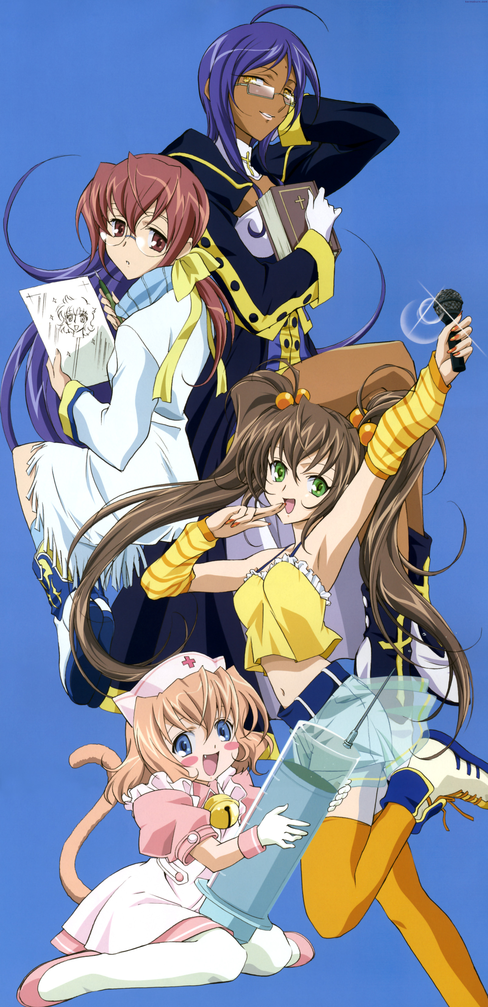 fujii maki, miyako812, corona (kannazuki no miko), corona (knm), miyako (knm), nekoko (knm), oota reiko, animaga, kannazuki no miko, blue legwear, orange legwear, striped, white legwear, absurdres, highres, long image, official art, scan, tall image, 00s, 4girls, :d, :o, age difference, ahoge, apron, arm behind head, arm up, armpits, bell, belt, blue eyes, blue hair, blush stickers, book, boots, bow, brown hair, camisole, cat tail, cleavage cutout, clothing cutout, crop top, cross, dark-skinned female, dark skin, detached sleeves, dress, fangs, finger to mouth, fingernails, frills, from behind, glasses, gloves, green eyes, grin, hair bobbles, hair bow, hair ornament, hair ribbon, hat, holding, holding book, idol, jingle bell, kneehighs, latin cross, leg lift, lens flare, lipstick, long fingernails, long hair, looking back, makeup, microphone, midriff, multiple girls, nail polish, nun, nurse cap, open mouth, orange nails, pantyhose, paper, pointing, polka dot, ponytail, profile, red eyes, red hair, ribbon, see-through clothes, shoes, short dress, short hair, shorts, shorts under skirt, simple background, sitting, sketch, skirt, smile, sneakers, socks, standing, standing on one leg, syringe, tail, turtleneck, twintails, very long hair, white gloves, yellow eyes