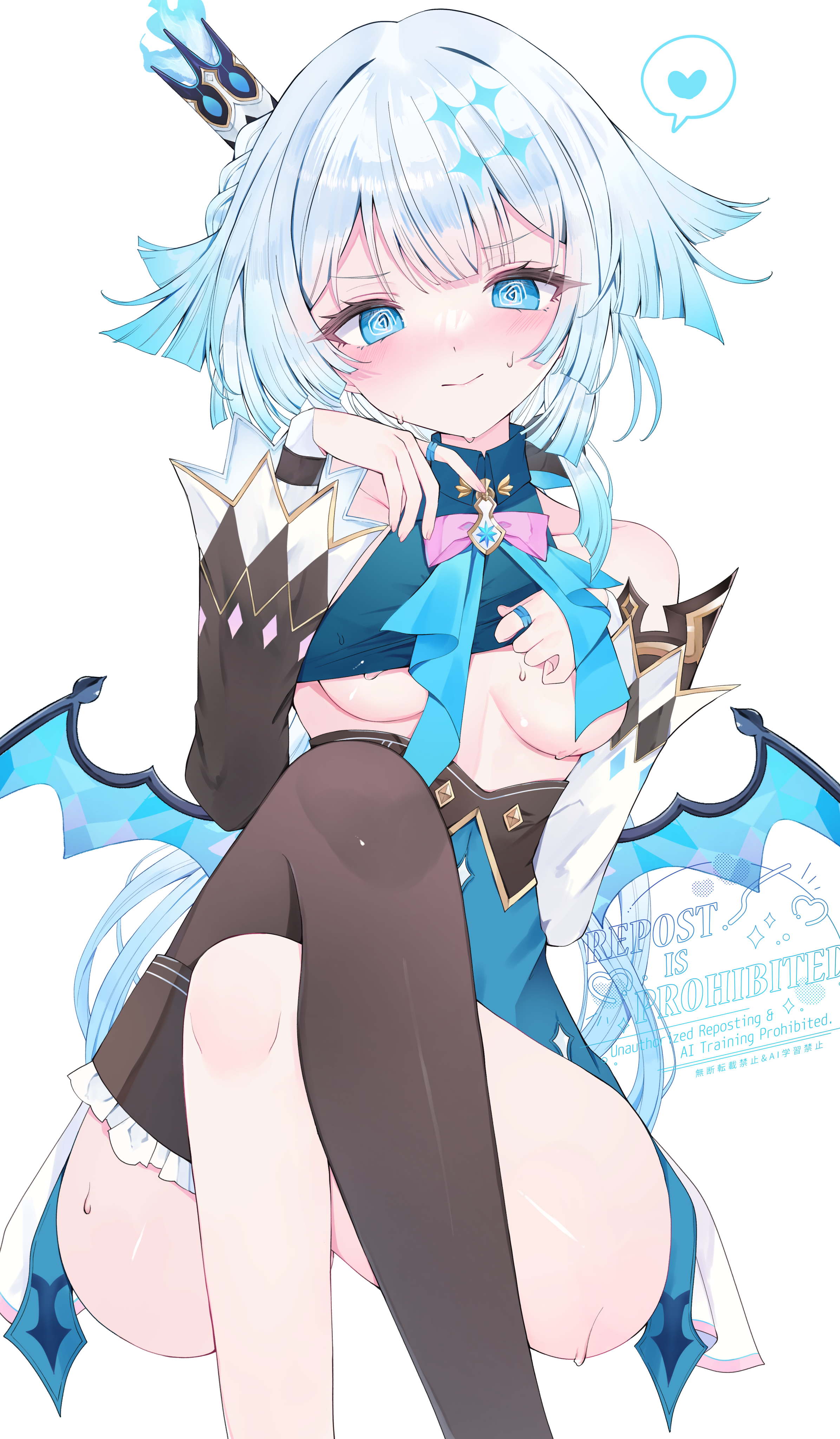 tsuyuri eri, cerydra (honkai: star rail), honkai: star rail, honkai (series), absurdres, commentary request, highres, 1girl, @ @, black thighhighs, blue dress, blue eyes, blue hair, blush, breasts, crossed legs, crown, detached sleeves, dress, heart, long hair, looking at viewer, medium breasts, simple background, single thighhigh, sitting, solo, spoken heart, thighhighs, underboob, very long hair, white background, wings
