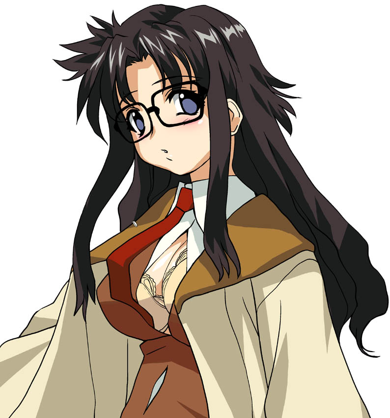 yomiko readman, read or die, 00s, 1girl, black-framed eyewear, blush, bra, breasts, cleavage, female focus, glasses, lingerie, long hair, looking at viewer, necktie, open clothes, open shirt, parted bangs, red necktie, shirt, sidelocks, simple background, solo, underwear, white background