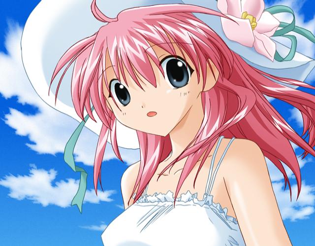 milfeulle sakuraba, broccoli (company), galaxy angel, 00s, 1girl, blush, female focus, flower, hat, hat flower, pink hair, portrait, ribbon, solo, sun hat, white hat