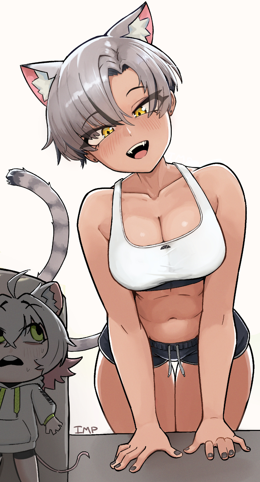 camcamcelus, kara (go! go! gris!), perl (go! go! gris!), go! go! gris!, commentary, highres, 2girls, ahoge, animal ear fluff, animal ears, arm support, bags under eyes, bare shoulders, black nails, black shorts, breasts, cat ears, cat girl, cat tail, cleavage, collarbone, ear piercing, fangs, green eyes, grey hair, hair between eyes, head tilt, hiding, hood, hoodie, large breasts, leaning forward, long sleeves, looking at viewer, mouse ears, mouse girl, mouse tail, multiple girls, navel, open mouth, parted bangs, piercing, short hair, short shorts, shorts, sports bra, stomach, tail, tan, thick eyelashes, white hair, white hoodie, white sports bra, yellow eyes