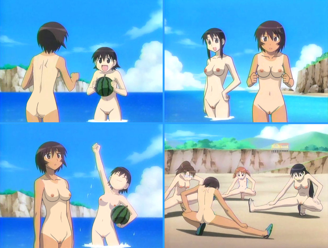kagura, kagura (azumanga daioh), kurosawa minamo, mihama chiyo, mizuhara koyomi, sakaki (azumanga daioh), takino tomo, tanizaki yukari, azumanga daiou, anime screenshot, nude filter, third-party edit, 4girls, 6+girls, ass, breasts, collage, flat chest, food, fruit, large breasts, loli, long hair, multiple girls, narrow waist, nipples, nude, nudist, one-piece tan, outdoors, pussy, short twintails, spread legs, stretching, tan, tanline, thigh gap, thighs, twintails, uncensored, very long hair, wading, watermelon, zenra