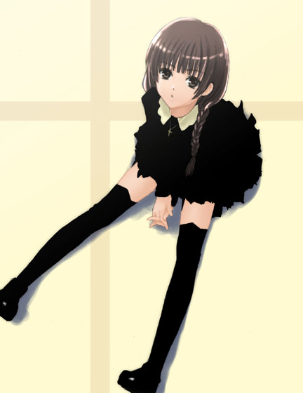 shimazu yoshino, maria-sama ga miteru, 00s, 1girl, black shoes, black thighhighs, brown hair, female focus, own hands clasped, own hands together, shoes, sitting, skirt, solo, thighhighs, zettai ryouiki
