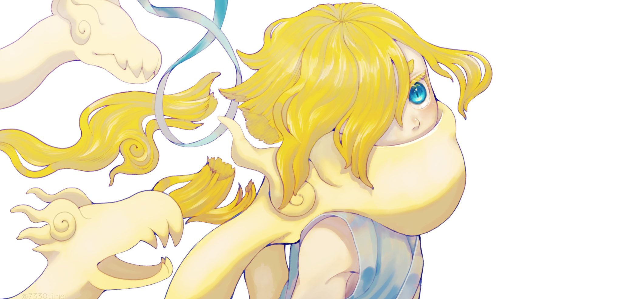youkai watch, highres, 1boy, blonde hair, blue eyes, chimetarou (7330time), hair over one eye, hikariorochi, long hair, looking at viewer, simple background, solo, upper body, white background, youkai (youkai watch)