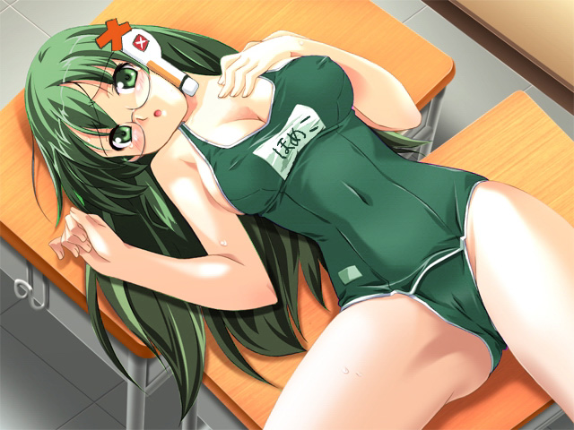 kuuchuu yousai, homeko, xp home-tan, xphome, os-tan, third-party edit, 1girl, blush, breasts, cleavage, covered erect nipples, desk, female focus, glasses, green eyes, green hair, green one-piece swimsuit, large breasts, looking at viewer, lying, matching hair/eyes, name tag, navel, on back, one-piece swimsuit, school desk, school swimsuit, solo, swimsuit