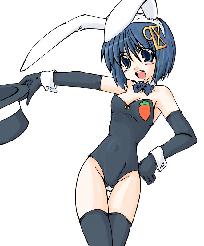 98-tan, os-tan, 1girl, animal ears, black thighhighs, bob cut, cowboy shot, fake animal ears, female focus, hairband, hat, holding, holding unworn clothes, holding unworn hat, leotard, playboy bunny, rabbit ears, simple background, solo, standing, thighhighs, unworn hat, unworn headwear, white background