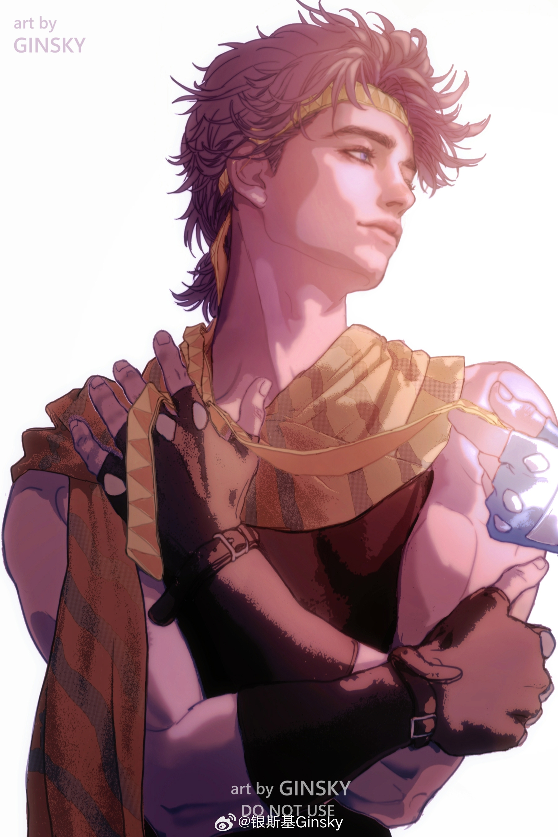 ginsky2000, caesar anthonio zeppeli, joseph joestar, joseph joestar (young), battle tendency, jojo no kimyou na bouken, absurdres, chinese commentary, commentary request, highres, 1boy, bishounen, black shirt, blue eyes, blue gloves, brown hair, crossed arms, fingerless gloves, gloves, hand on own shoulder, headband, holding, holding ribbon, male focus, out of frame, ribbon, scarf, shirt, sleeveless, sleeveless shirt, striped clothes, striped scarf, triangle print, tying, weibo username, white background, yellow headband, yellow scarf