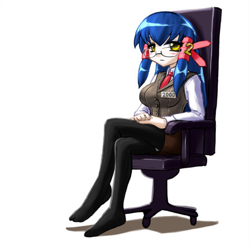 2k-tan, os-tan, 1girl, blue hair, chair, crossed legs, female focus, glasses, hair tubes, hands on lap, office chair, on chair, pantyhose, sidelocks, sitting, solo, swivel chair, yellow eyes
