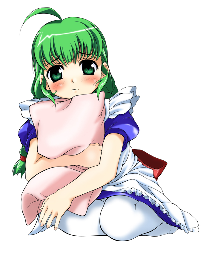 me-tan, os-tan, 1girl, ahoge, blush, female focus, green eyes, green hair, hugging object, matching hair/eyes, pantyhose, pillow, pillow hug, simple background, solo, white background