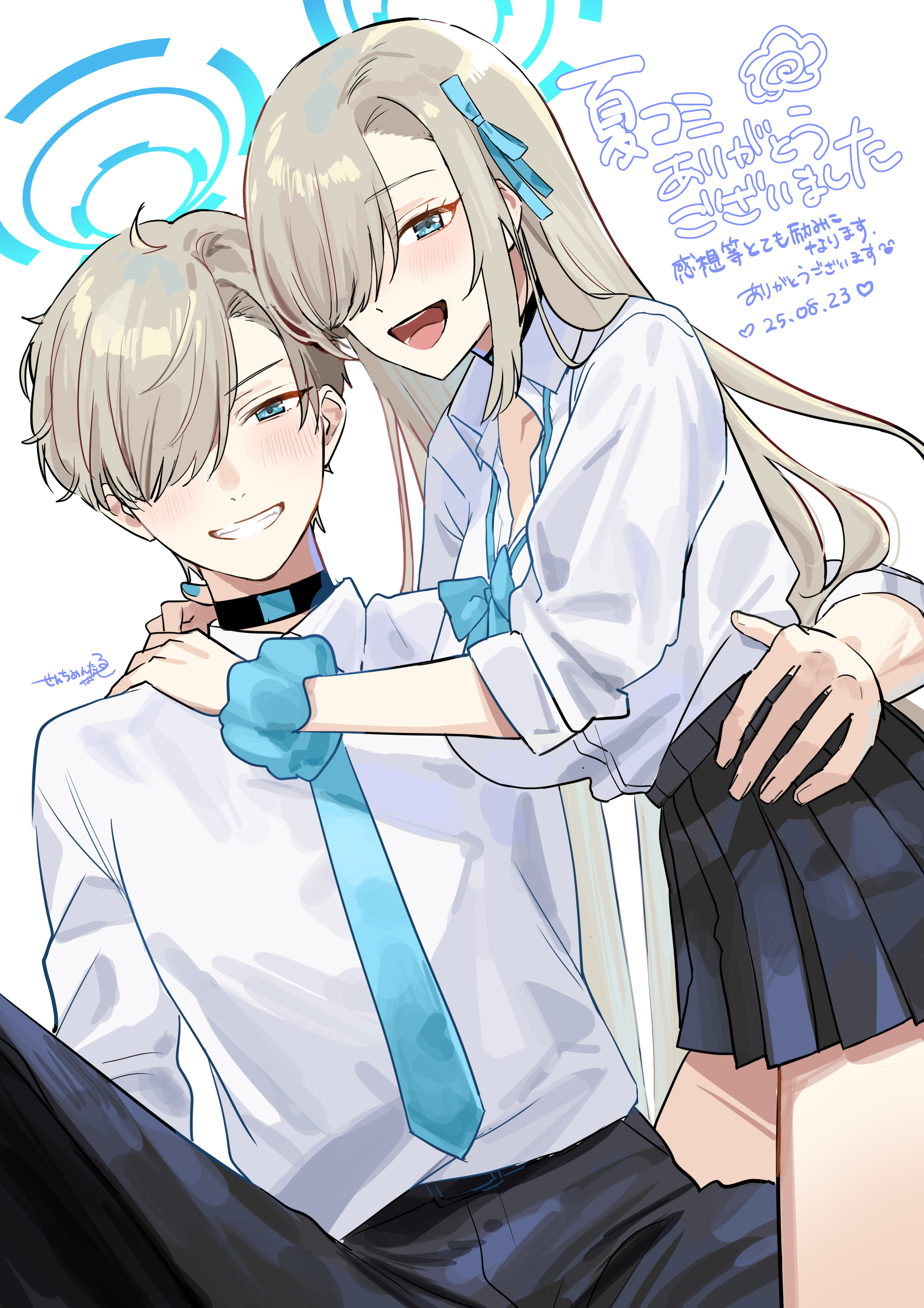 meltykiss0316, asuna (blue archive), asuna (school uniform) (blue archive), blue archive, absurdres, highres, 1boy, 1girl, black pants, black skirt, blonde hair, blue bow, blue bowtie, blue eyes, blue halo, blue necktie, blush, bow, bowtie, breasts, choker, collarbone, genderswap, genderswap (ftm), grin, hair over one eye, halo, hand on another's shoulder, hand on another's waist, large breasts, long hair, male focus, multiple persona, necktie, open mouth, pants, pleated skirt, shirt, short hair, skirt, sleeves rolled up, smile, thighs, very long hair, white shirt