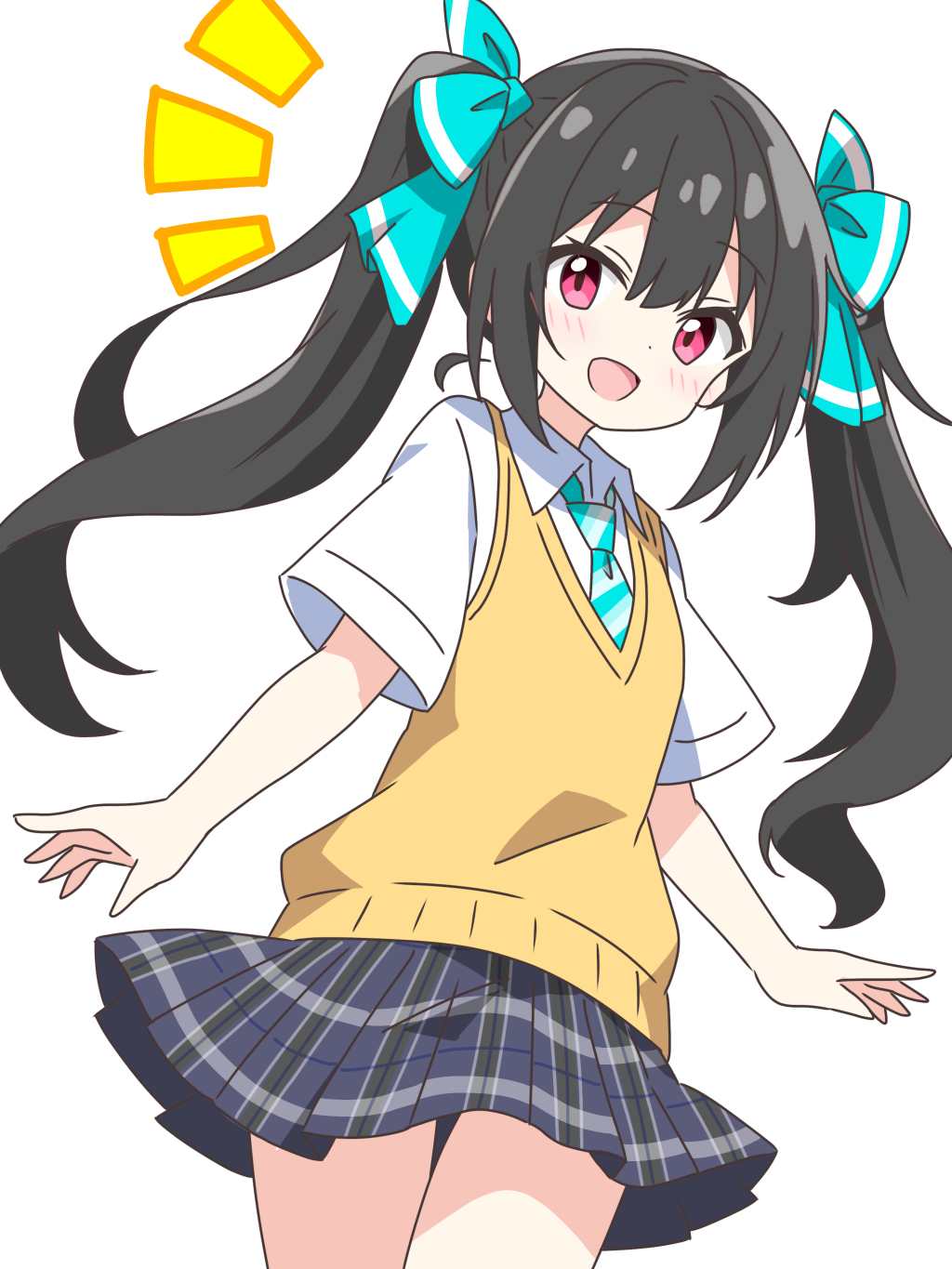 kotatsu-mazoku, original, commentary request, highres, 1girl, :d, aqua necktie, aqua ribbon, black-haired twintail girl (kotatsu-mazoku), black hair, blue skirt, blush, collared shirt, cowboy shot, dot nose, hair ribbon, long hair, looking at viewer, miniskirt, necktie, notice lines, open mouth, pink eyes, plaid clothes, plaid skirt, pleated skirt, ribbon, school uniform, shirt, short sleeves, sidelocks, simple background, skirt, smile, solo, striped necktie, sweater vest, twintails, white background, white shirt, yellow sweater vest