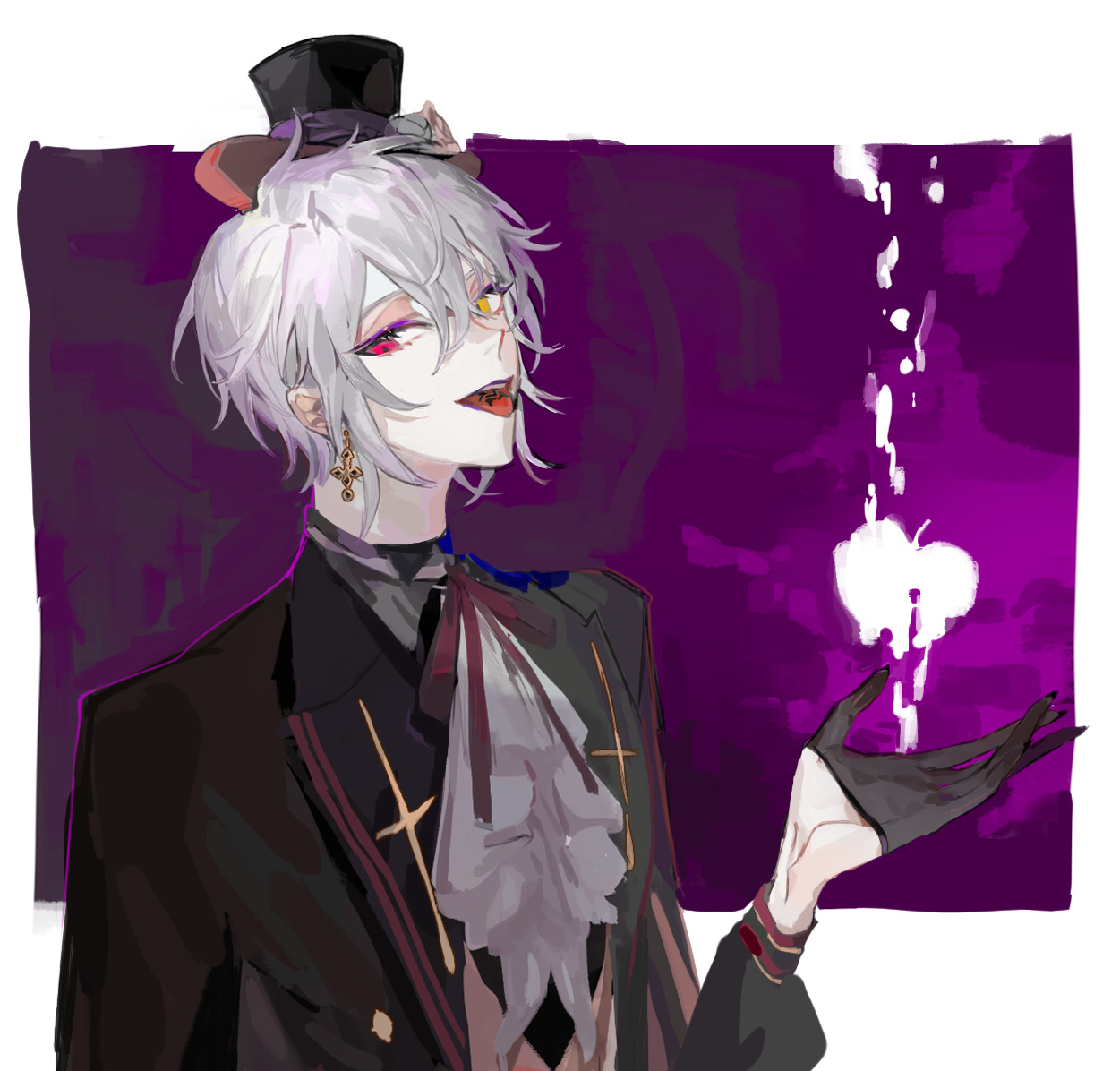 qyzhiaiyisheng, mahoutsukai no yakusoku, 1boy, ascot, bishounen, black gloves, black hat, cross, gloves, hair between eyes, half gloves, hat, heterochromia, jewelry, long sleeves, male focus, neck ribbon, red eyes, ribbon, short hair, smile, solo, tongue, tongue out, yellow eyes