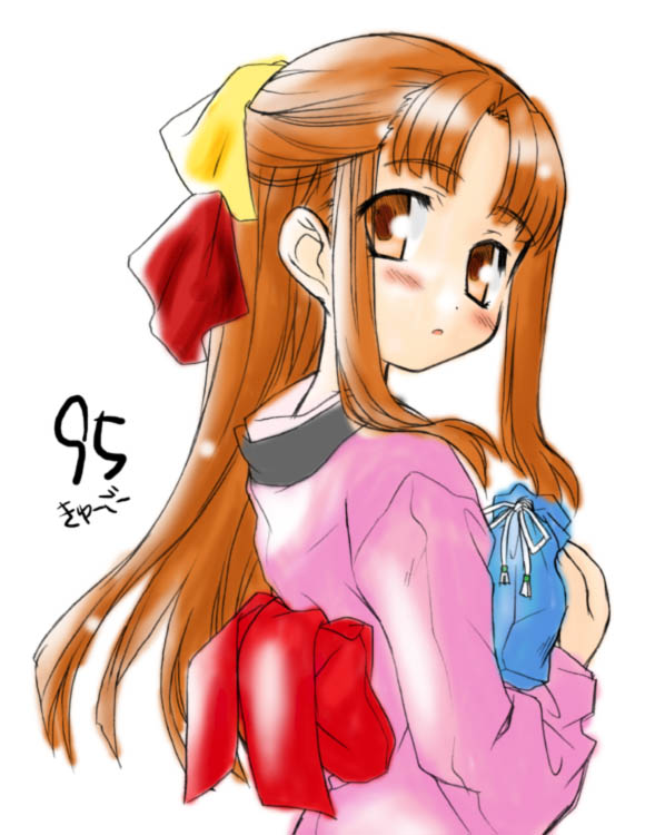 aoi kumiko, 95-tan, os-tan, 1girl, bag, blush, brown eyes, brown hair, female focus, half updo, japanese clothes, kimono, long hair, looking back, obi, sash, solo