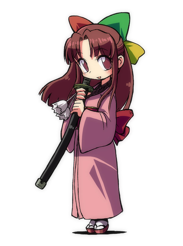 95-tan, os-tan, 1girl, bow, brown eyes, brown hair, female focus, full body, hair bow, half updo, holding, holding sword, holding weapon, japanese clothes, katana, long hair, looking at viewer, solo, standing, sword, weapon
