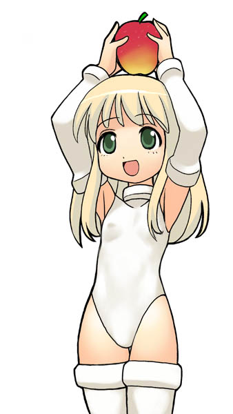 osx, apple inc., macintosh, os-tan, 1girl, apple, detached sleeves, female focus, food, fruit, holding, holding food, holding fruit, open mouth, personification, simple background, solo, thighhighs, white background, white thighhighs