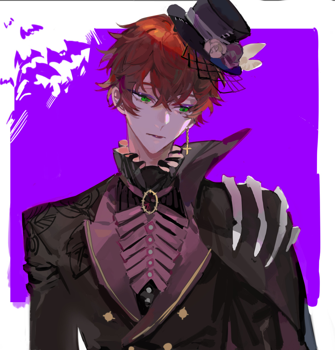 qyzhiaiyisheng, mahoutsukai no yakusoku, 1boy, bat (animal), black flower, earrings, flower, green eyes, hair between eyes, hair flower, hair ornament, halloween, hat, jacket, jewelry, long sleeves, looking to the side, male focus, mini hat, purple background, red hair, short hair, solo, top hat