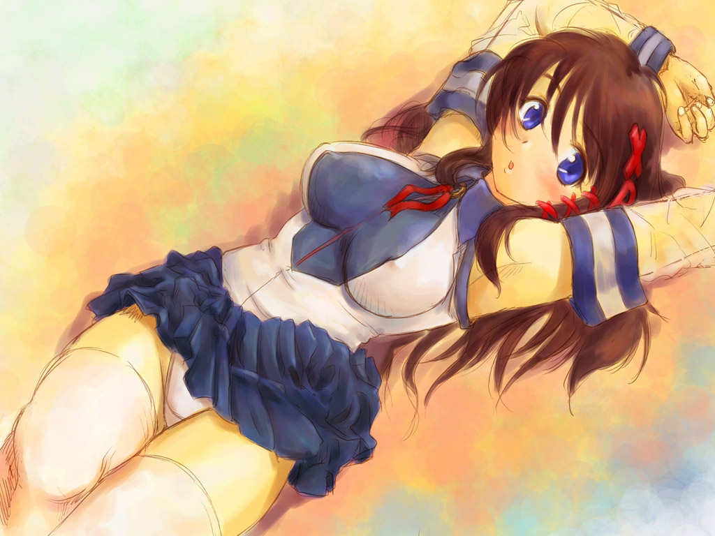 michael f91, xp-tan, os-tan, 1girl, blue eyes, blue skirt, blush, breasts, brown hair, covered erect nipples, detached sleeves, female focus, long hair, lying, on back, panties, pantyshot, skirt, solo, thighhighs, underwear, white panties, white thighhighs, zettai ryouiki