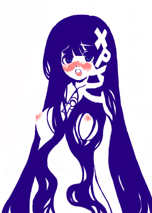 xp-tan, os-tan, 1girl, blush, breasts, female focus, long hair, monochrome, nipples, small breasts, solo, very long hair