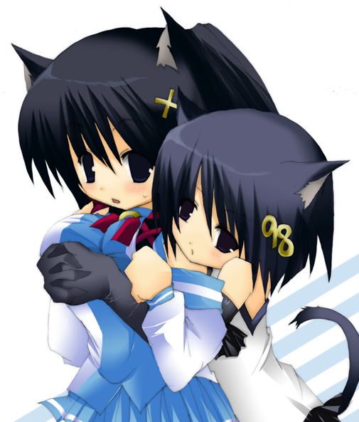 98-tan, xp-tan, os-tan, 2girls, animal ears, blue skirt, bob cut, breasts, cat ears, cat tail, grabbing another's breast, groping, hug, hug from behind, multiple girls, skirt, tail