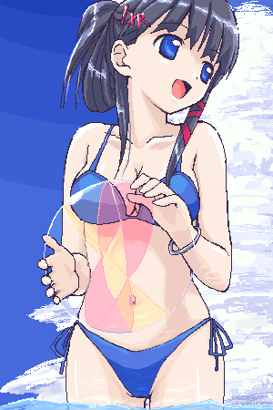 takayaki, xp-tan, os-tan, lowres, 1girl, ball, bare shoulders, beachball, bikini, black hair, blue bikini, blue eyes, bracelet, breasts, cleavage, female focus, hair ornament, hairclip, hairdressing, holding, holding ball, jewelry, medium breasts, navel, oekaki, side-tie bikini bottom, solo, string bikini, swimsuit, updo, wading, water