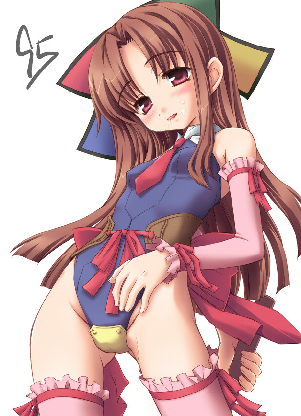 aoi kumiko, 95-tan, futaba channel, os-tan, 1girl, bare shoulders, blush, breasts, brown hair, detached sleeves, female focus, flat chest, groin, leotard, long hair, necktie, one-piece swimsuit, pink eyes, pink thighhighs, red necktie, ribbon, saliva, small breasts, solo, swimsuit, thighhighs, tongue
