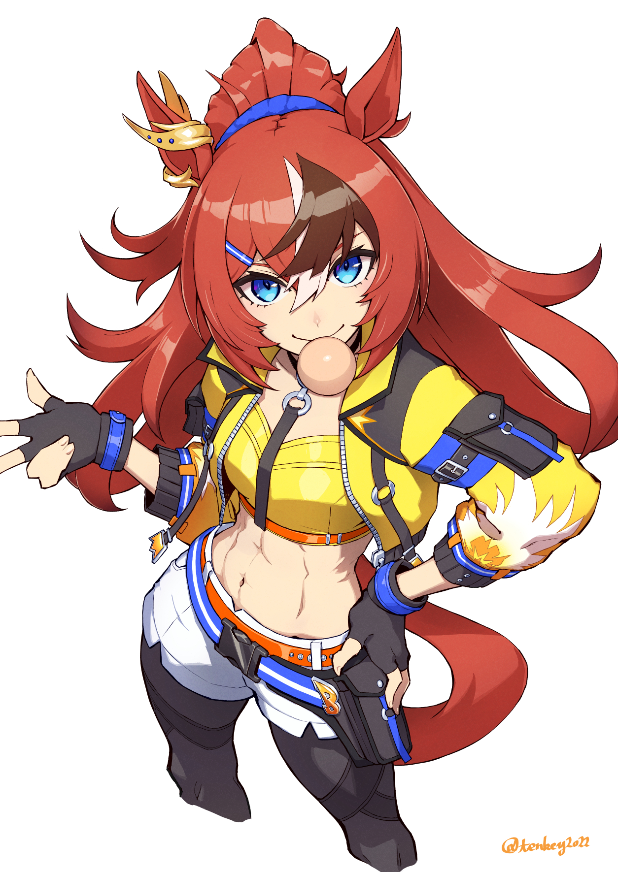 tenkey2022, bubble gum fellow (umamusume), umamusume, commentary request, highres, 1girl, animal ears, black gloves, black pantyhose, blue eyes, breasts, brown hair, fingerless gloves, gloves, horse ears, horse girl, horse tail, jacket, long hair, looking at viewer, midriff, multicolored hair, navel, pantyhose, red hair, shorts, simple background, small breasts, solo, standing, tail, twitter username, white background, white hair, white shorts, yellow jacket
