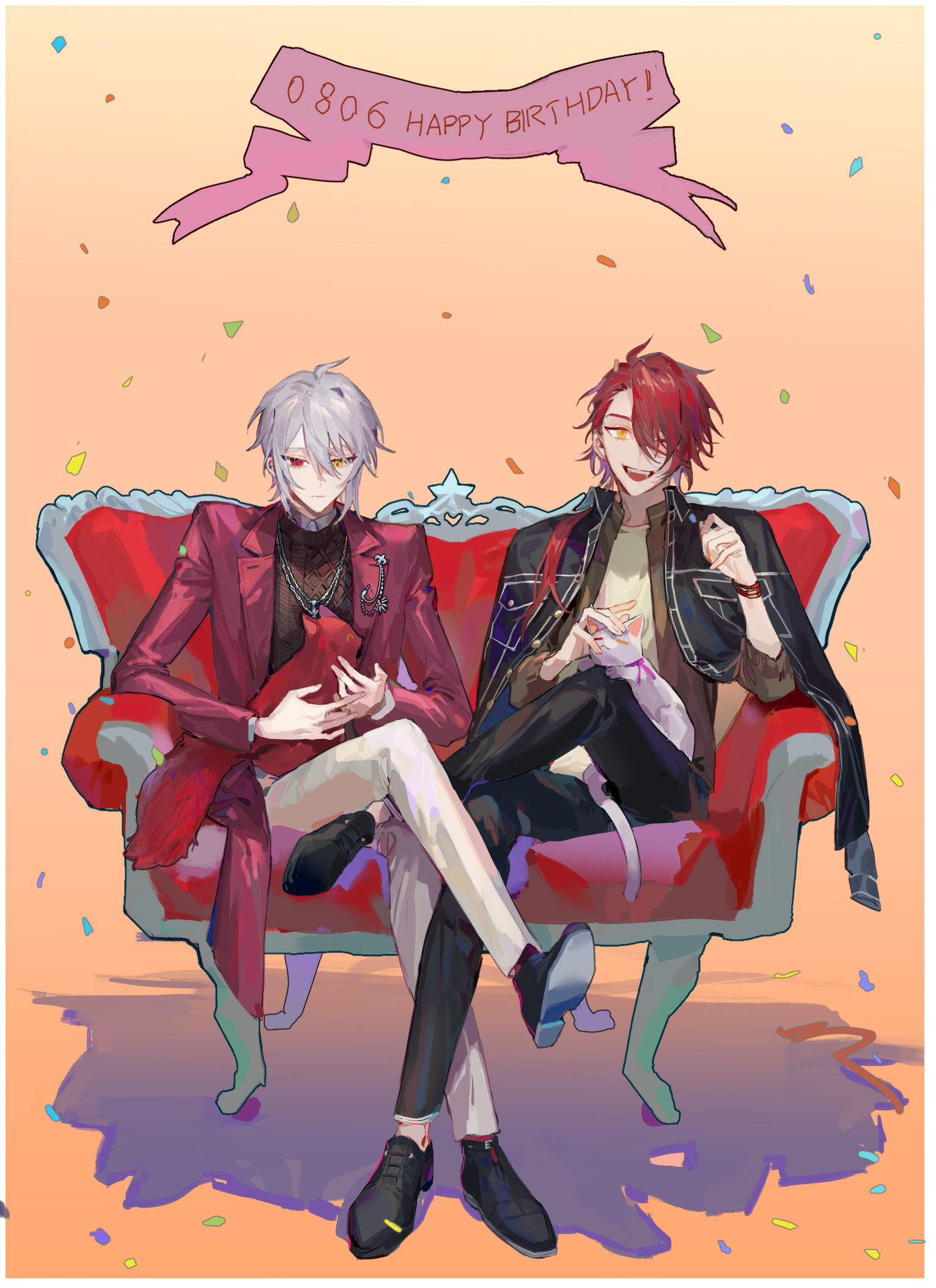 qyzhiaiyisheng, mahoutsukai no yakusoku, highres, 2boys, black jacket, black pants, cat, chair, closed mouth, confetti, crossed arms, full body, hair between eyes, hair over one eye, happy birthday, heterochromia, jacket, jacket on shoulders, jewelry, long sleeves, male focus, multiple boys, necklace, on chair, one eye closed, open clothes, open jacket, open mouth, pants, red jacket, shoes, short hair, sitting, smile, sweater, turtleneck, white cat, white hair, white pants