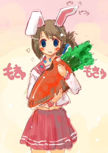 momiji mao, komaki manaka, to heart (series), to heart 2, 00s, 1girl, animal ears, blue eyes, blush stickers, brown hair, carrot, female focus, folded ponytail, oversized object, pleated skirt, rabbit ears, school uniform, short hair, skirt, solo