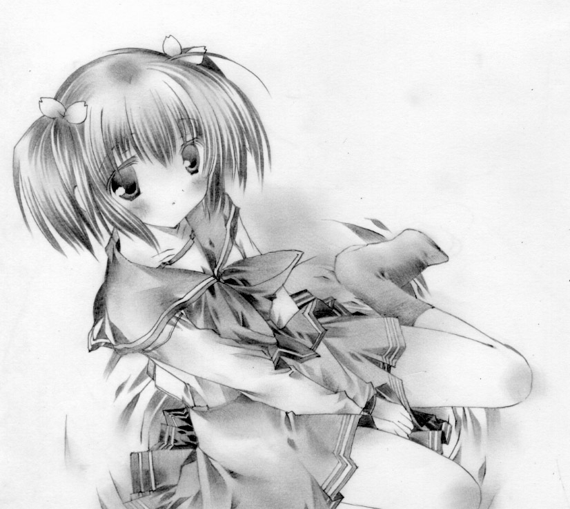 moo (umineko), yuzuhara konomi, to heart (series), to heart 2, 00s, 1girl, blush, female focus, from above, greyscale, looking at viewer, monochrome, no shoes, short hair, sitting, skirt, socks, solo, twintails, wariza, white background
