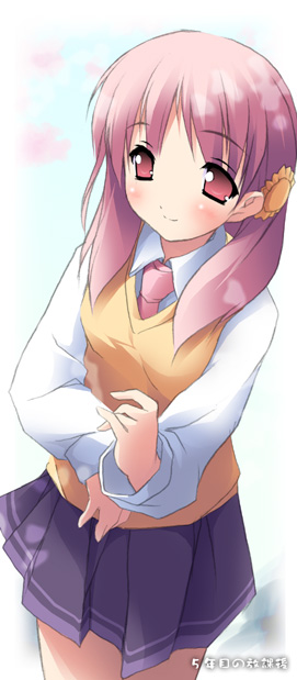 kantoku, kiriyama sakura, sakura musubi, 1girl, blush, cowboy shot, female focus, flower, hair flower, hair ornament, long hair, long sleeves, necktie, pink eyes, pink hair, pink necktie, pleated skirt, school uniform, serafuku, shirt, skirt, smile, solo, sweater vest, vest, white shirt