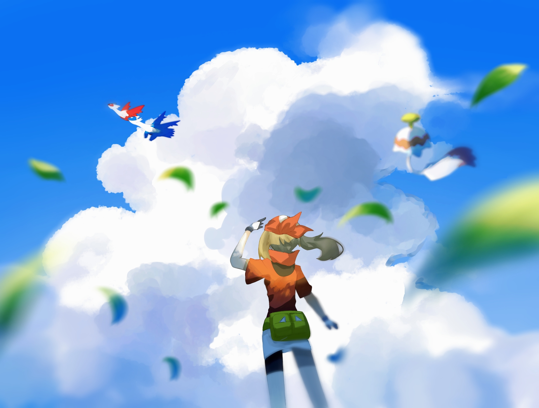 chimecho, latias, latios, may (pokemon), nintendo, pokemon, pokemon rse, commentary request, highres, 1girl, arm up, bandana, bike shorts under skirt, blurry, brown hair, cloud, day, falling leaves, fanny pack, gen 3 pokemon, gloves, leaf, legendary pokemon, outdoors, pokemon (creature), popped collar, red bandana, red shirt, shikisanmi, shirt, short sleeves, skirt, sky, white skirt, yellow bag