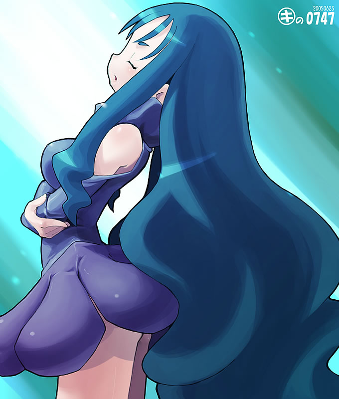 kei jiei, pam, mushiking, 00s, 1girl, bare shoulders, blue hair, breasts, closed eyes, cowboy shot, crossed arms, dated, dress, female focus, long hair, medium breasts, miniskirt, profile, skirt, solo, standing, very long hair
