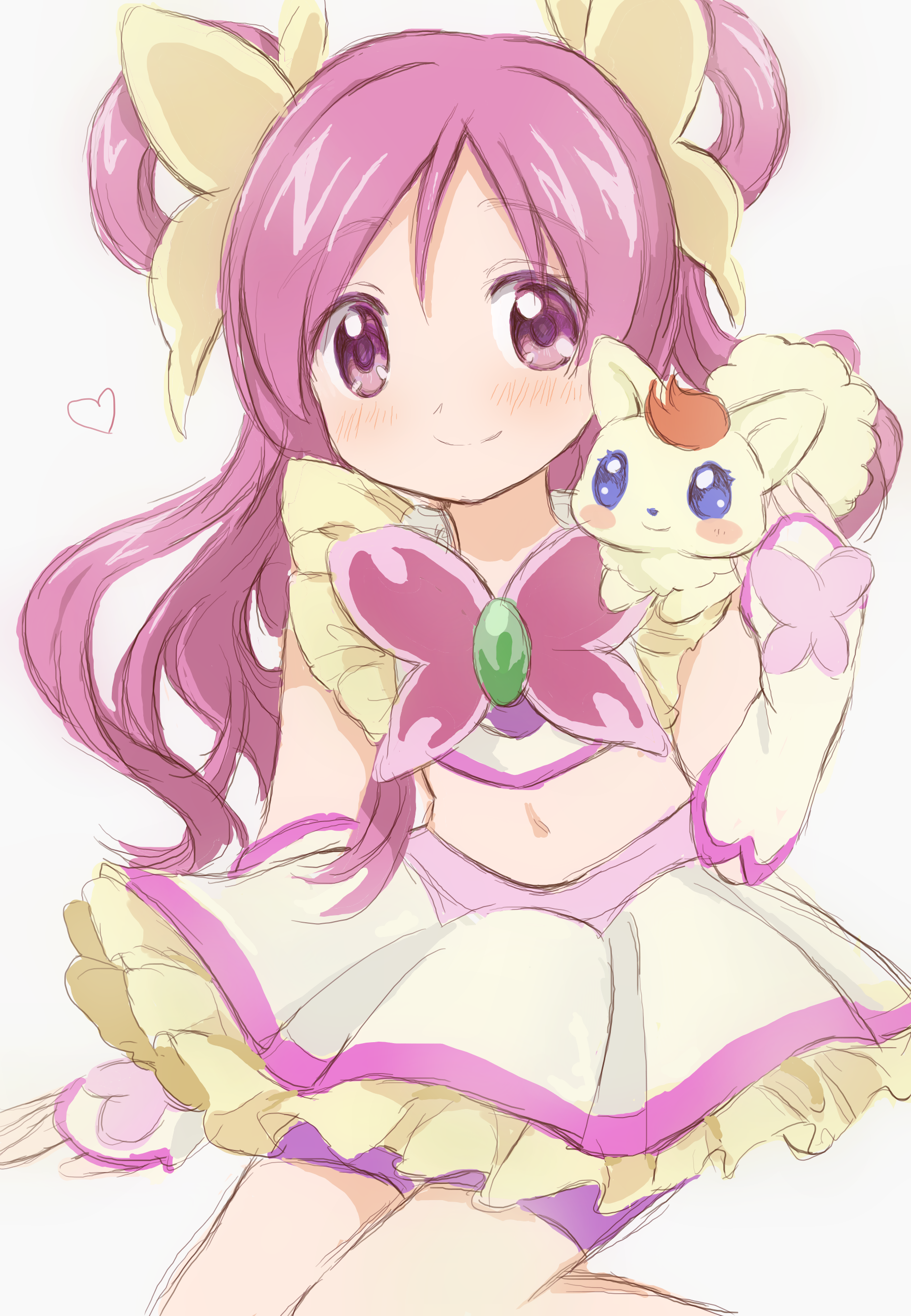 hitode, cure dream, nuts (yes! precure 5), yumehara nozomi, precure, yes! precure 5, absurdres, highres, 1girl, bow, closed mouth, frilled skirt, frills, hair bow, long hair, looking at viewer, magical girl, pink eyes, pink hair, pink shirt, pink skirt, purple shorts, shirt, shorts, skirt, smile, solo, twintails, yellow bow