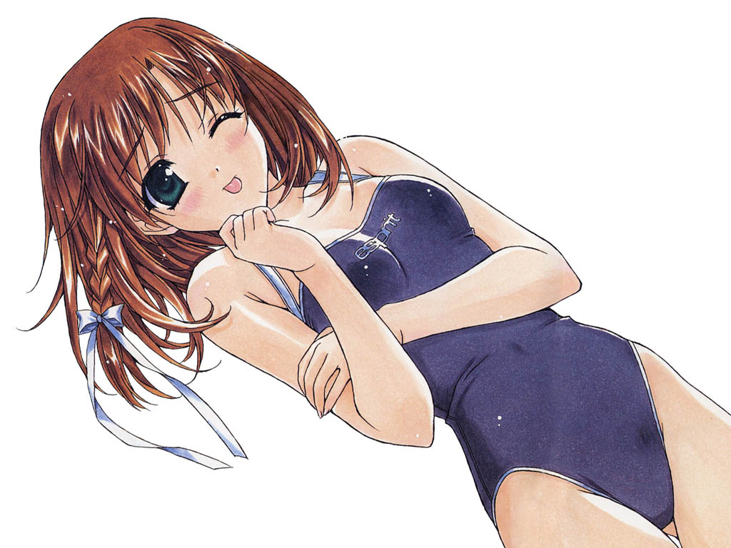 hasumi elan, original, 1girl, ;p, bare shoulders, blush, bow, brown hair, competition swimsuit, female focus, green eyes, hair bow, looking at viewer, lying, on back, one-piece swimsuit, one eye closed, school swimsuit, simple background, solo, swimsuit, tongue, tongue out, white background, wink