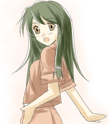 yuunagi rin, miyama miki, zettai shounen, 00s, 1girl, bad anatomy, bad hands, blouse, brown eyes, female focus, from side, green hair, long hair, open mouth, pink background, poorly drawn, red shirt, shirt, solo
